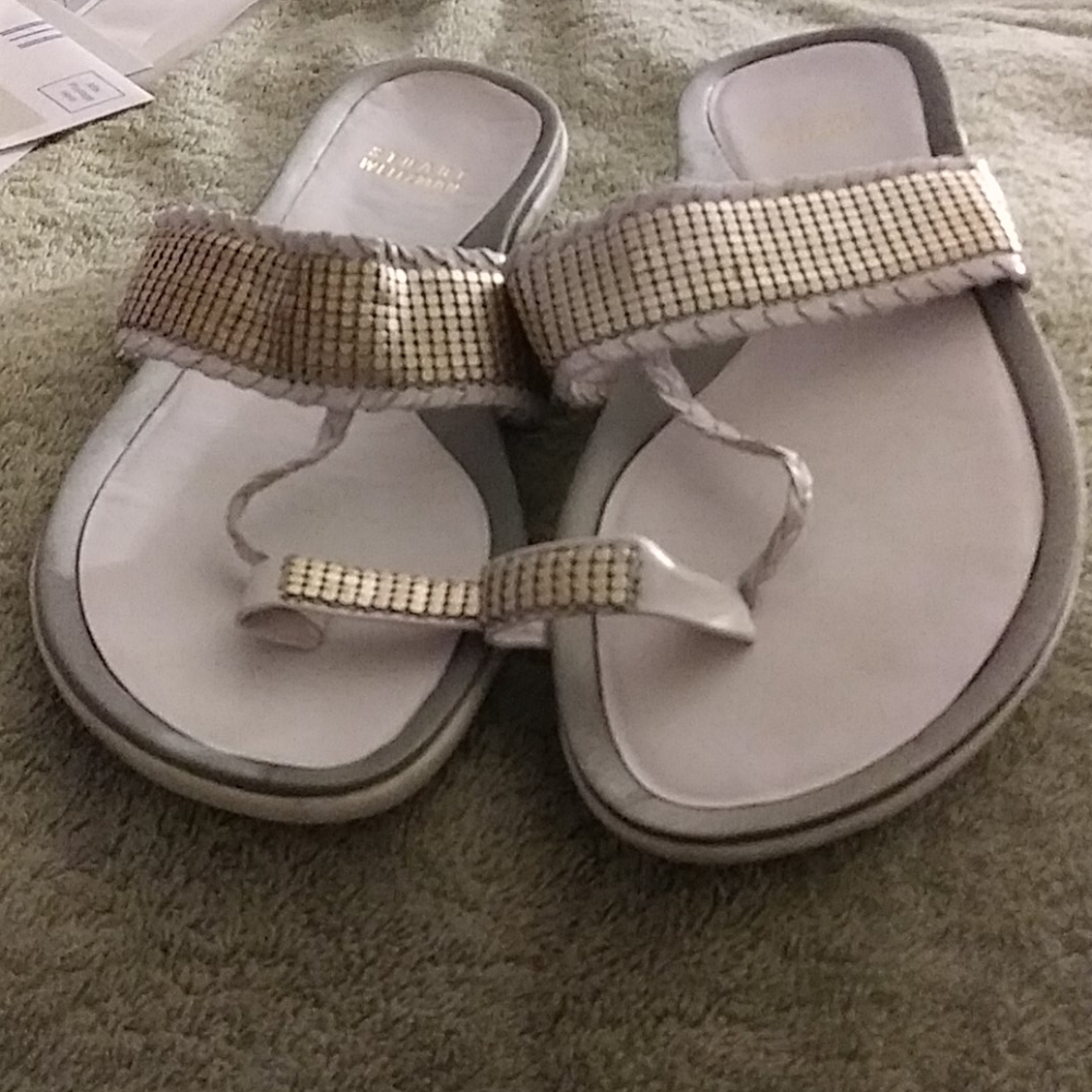 Stuart Weitzman Women's Light Gray Sandal with Gold Beaded Straps
